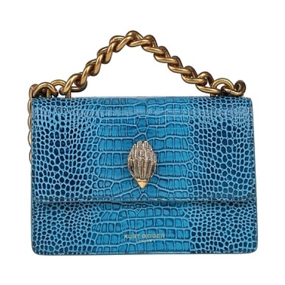 Kurt Geiger Shoreditch Croc Blue Leather Azure Gold Chain Crossbody Small Bag - Picture 3 of 6
